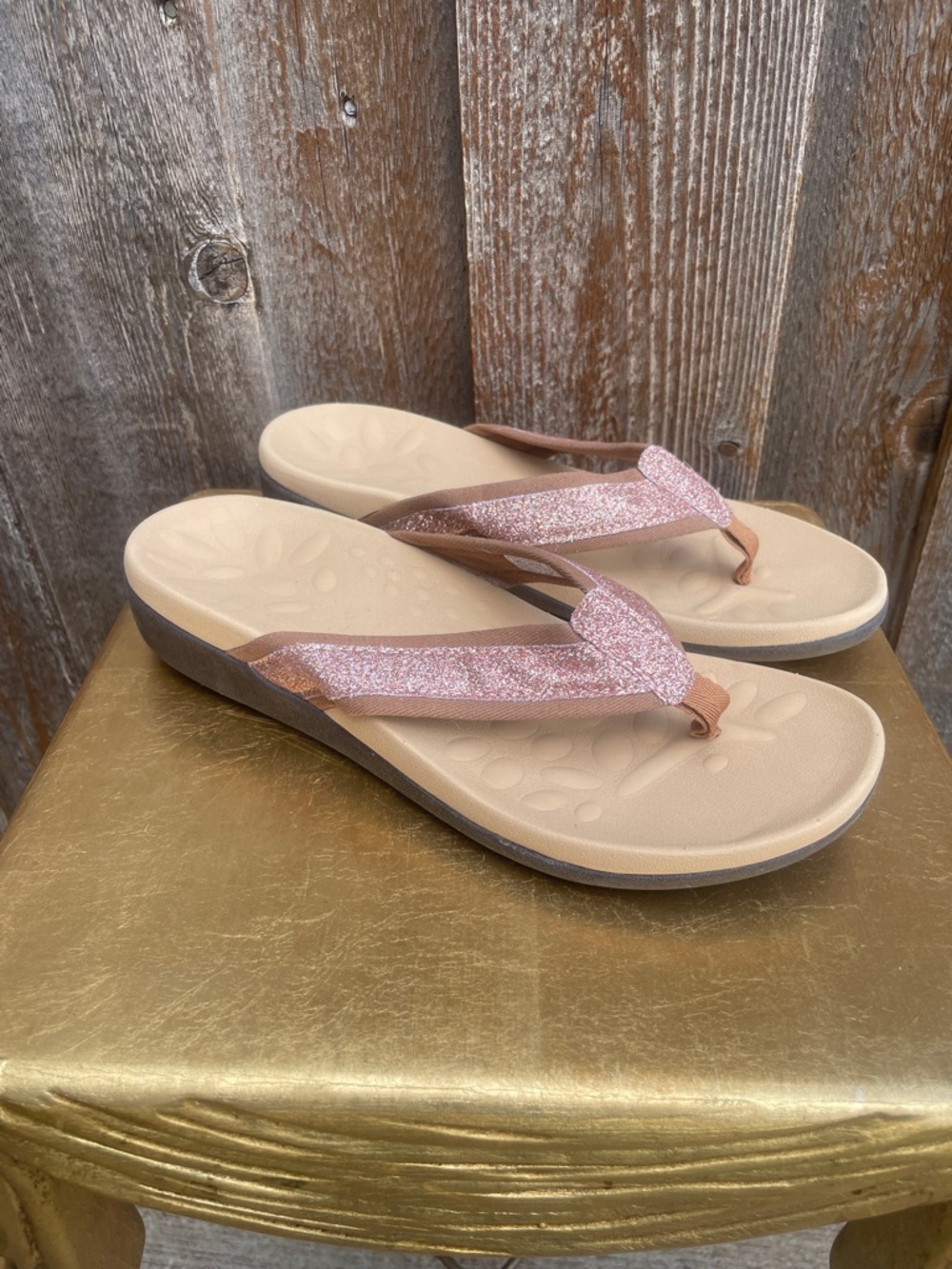 MEGNYA Pink Glitter Thong Sandals with Tan Footbed